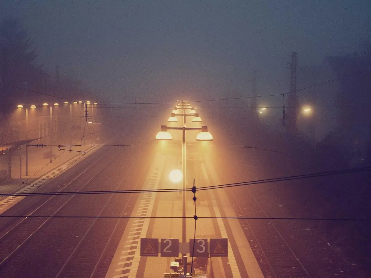 Route éclairée dans le brouillard
